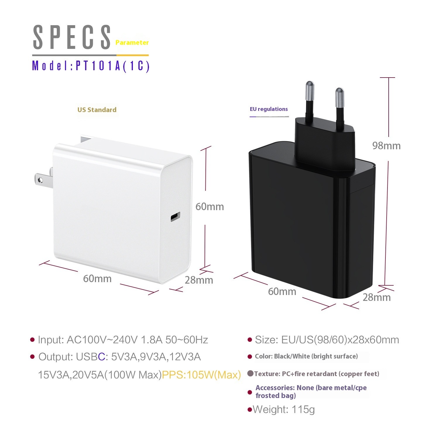 Pd100W W Gallium Nitride European Standard Single-port Adapter Camera Computer Equipment Fast Charging