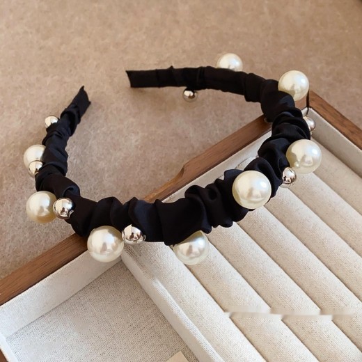 Diamond Black Flocking Pearl Headband Retro