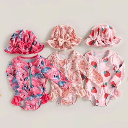 Girl's Swimsuit Flower Strawberry Print Long Sleeve Triangle One-piece