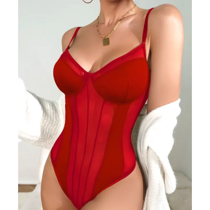 Womens Fashion Simple Mesh Patchwork Bodysuit - Chic and Stylish Bodysuit for Casual and Night Out Wear