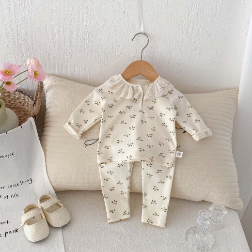 Baby Girl Lace Ruffled Collar Home Wear Two-piece Set Bottoming