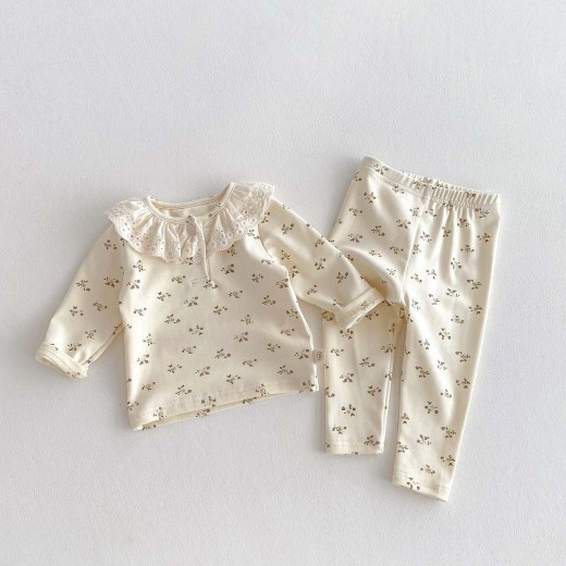 Baby Girl Lace Ruffled Collar Home Wear Two-piece Set Bottoming
