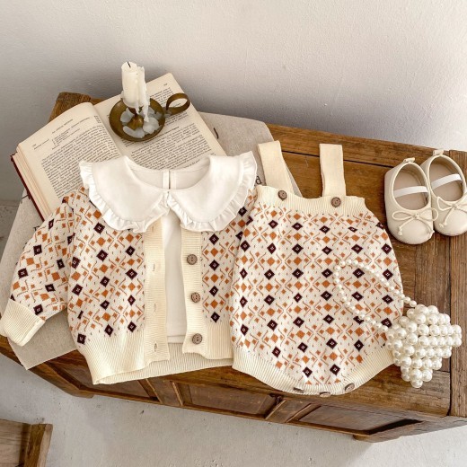 Rhombus Jacquard Knitted Coat Strap Rompers Jumpsuit Suit