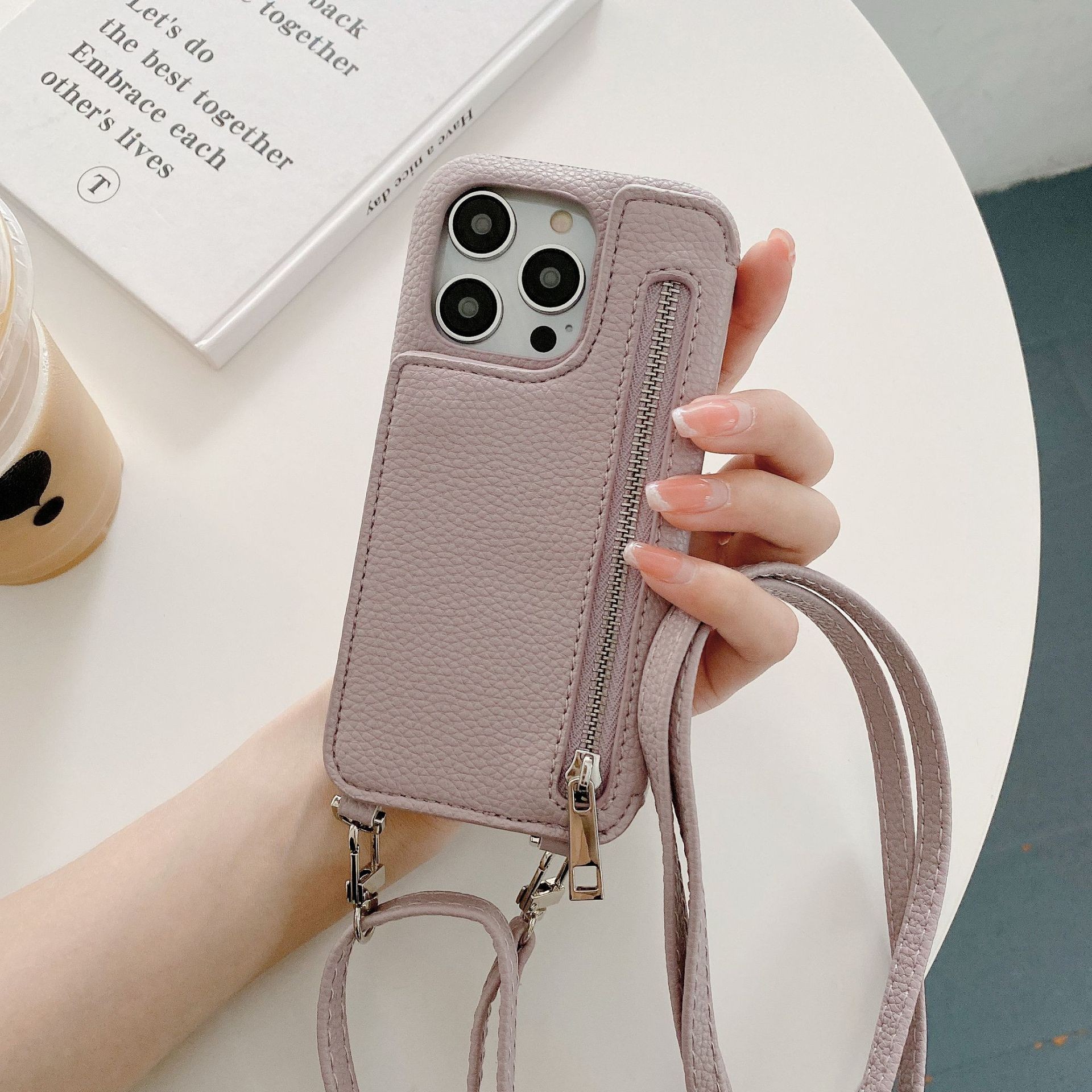 Phone Case Lychee Pattern Card-inserting Beauty Mirror Crossbody