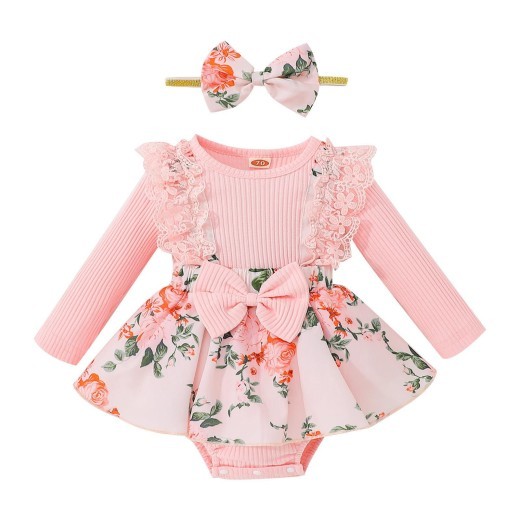 Baby Girl Autumn New Lace Cotton Sunken Stripe Stitching One-piece Romper