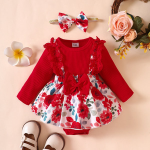 Baby Girl Autumn New Lace Cotton Sunken Stripe Stitching One-piece Romper