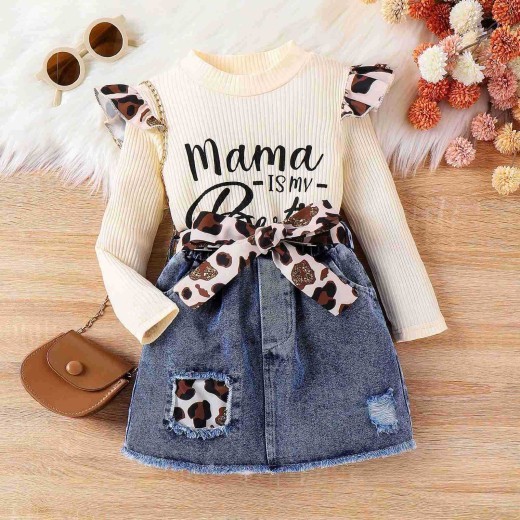Children Suit Sunken Stripe Letter Jacket Leopard Patch Denim Skirt