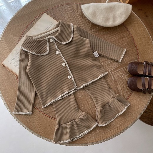 Infant Small Shell Knitted Split Suit Cardigan Bell-bottom Pants Two-piece Set