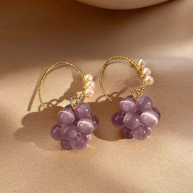 Purple Sweet Grape Ball Ear Hook Fashion Design Earrings