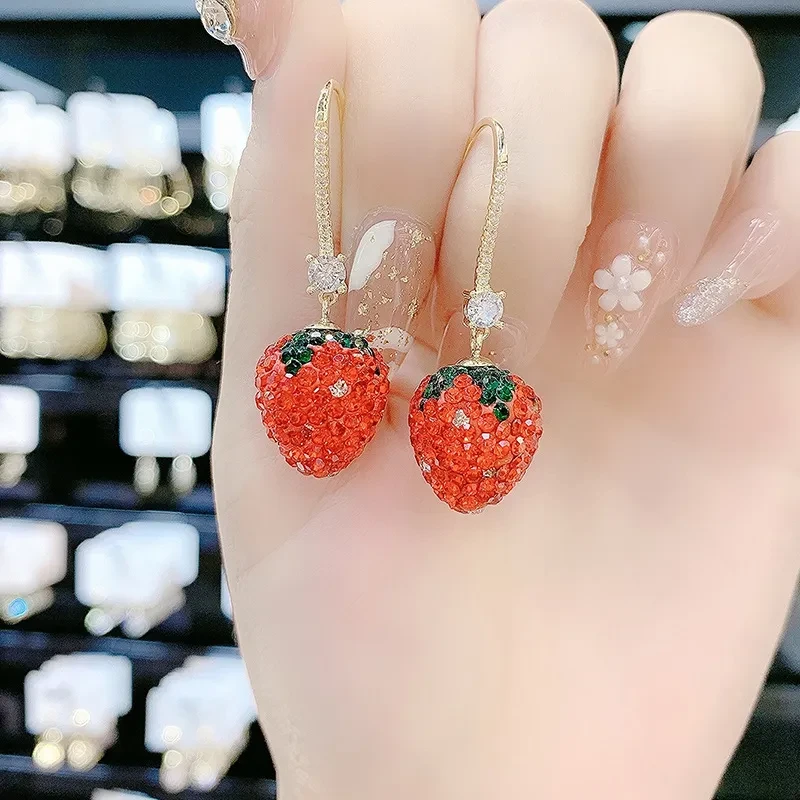 Red Strawberry Long Section Thin Fashion Personality Senior Silver Needle