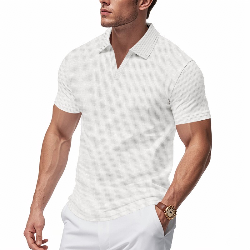 Summer Men's Loose Leisure Sports V-neck Waffle Short Sleeve Lapel Polo Shirt Men