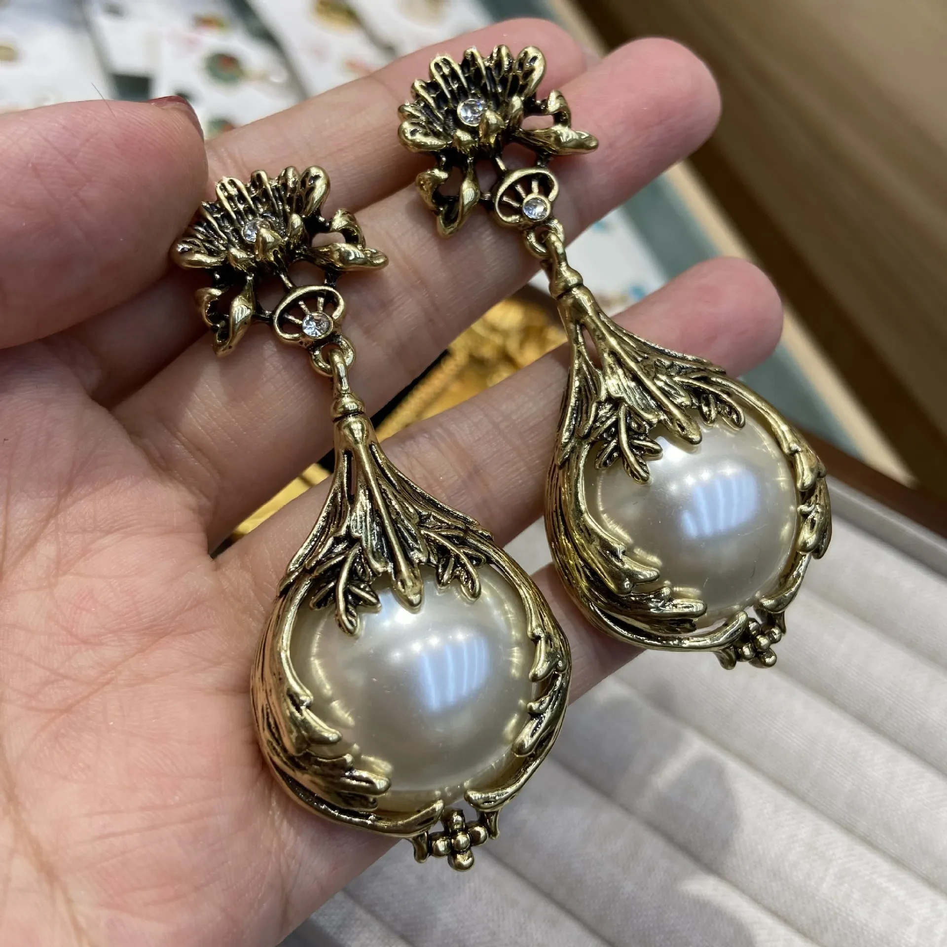 Mid-ancient Vintage Baroque Pearl Rose Earrings