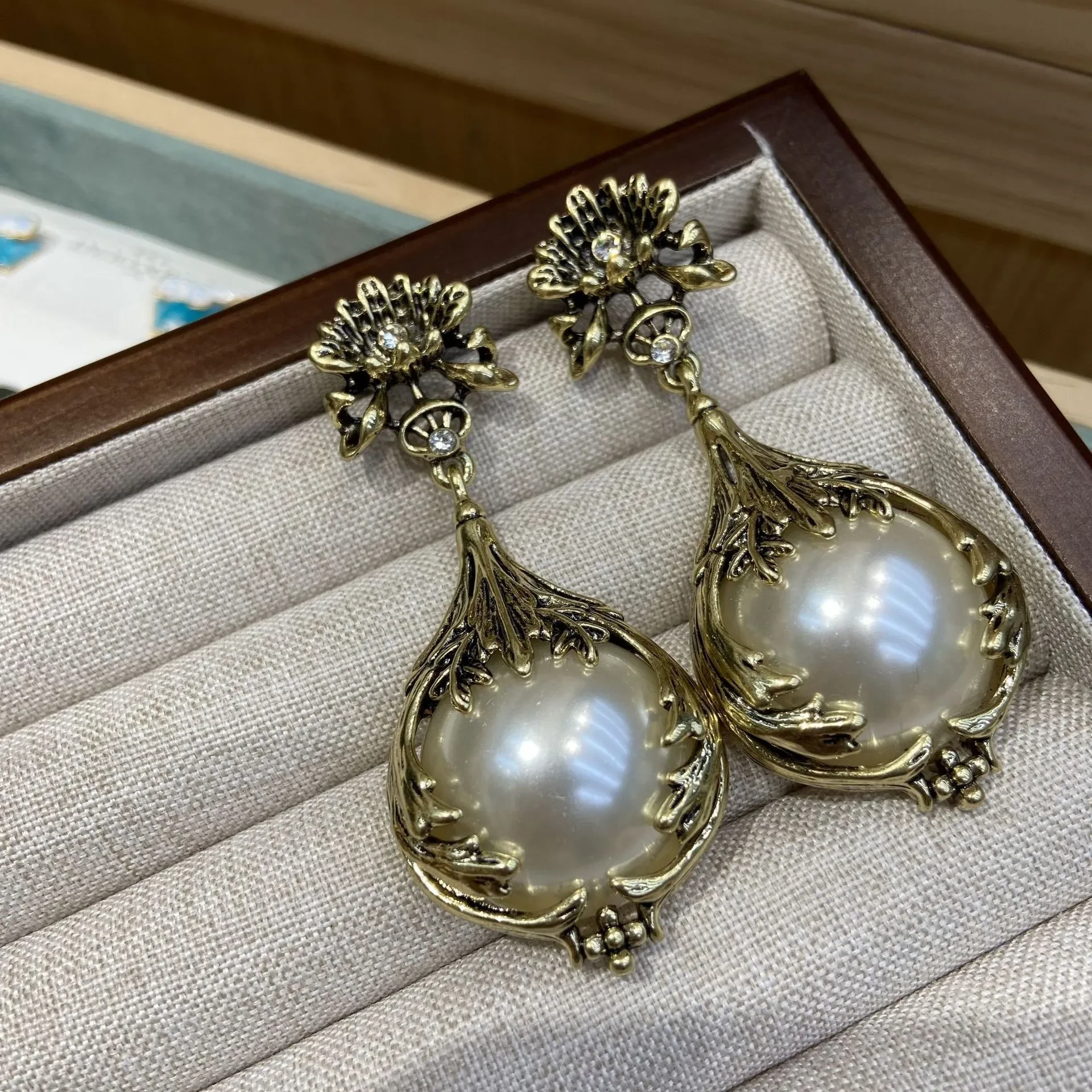 Mid-ancient Vintage Baroque Pearl Rose Earrings