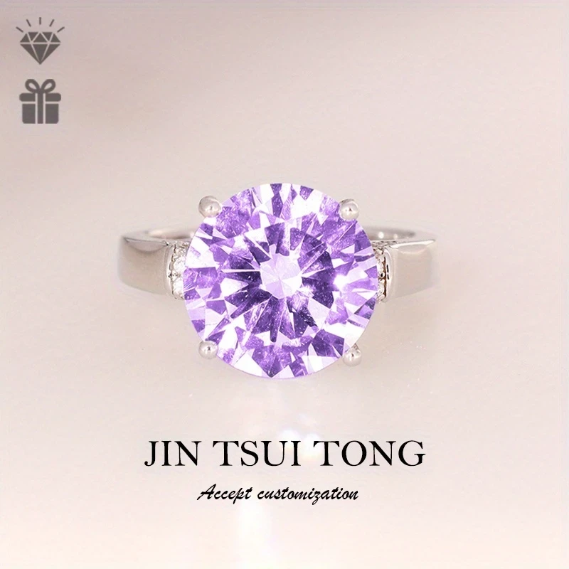Sterling Silver Halo Support Purple Crystal 0.5 Carat Ring for Women  Light Luxury, High-End Design, Perfect for Daily Wear, Parties, and Vacations