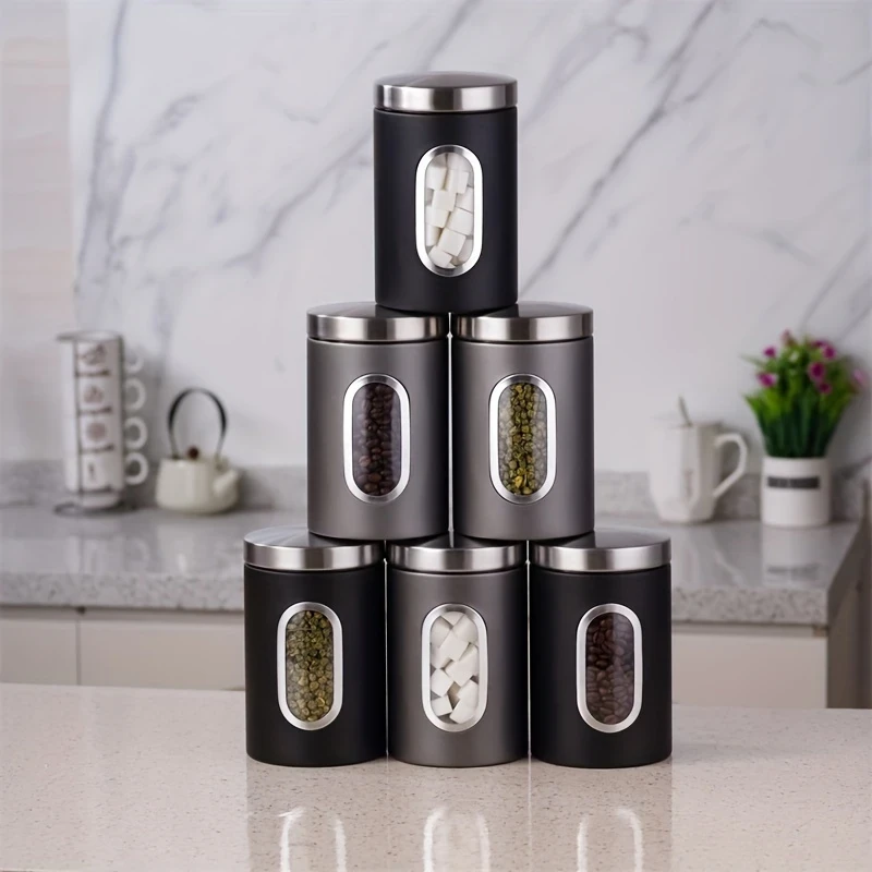 3pcs Black/Gray Food Containers for Coffee, Sugar, Tea, and Beans  Airtight Storage Cans for Kitchen Organization
