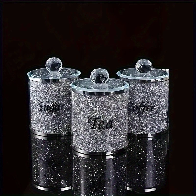 1 Set of 3 Pcs Glass Candy Jar  European Style Crystal Glass Tea, Coffee, Sugar, Dried Fruit, and Seasoning Storage Jar Set