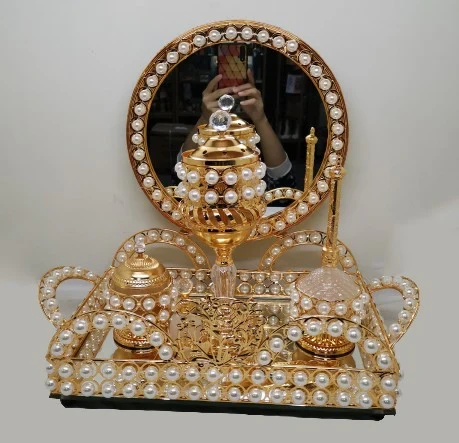 Vanity Se/ Perfume Set Gold Design With White Pearls & Mirror