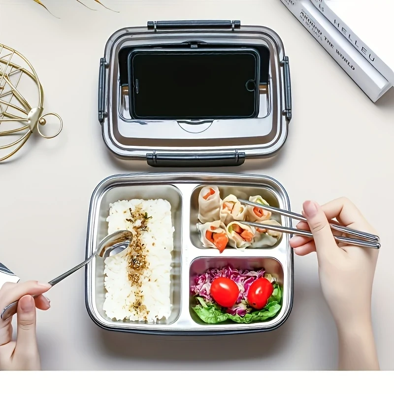 Leak-Proof Stainless Steel 3-Compartment Lunch Box  Durable, Easy-Clean Bento Container for Students & Office Workers, Microwave Safe