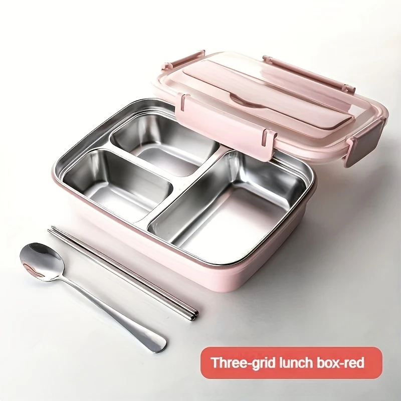 Leak-Proof Stainless Steel 3-Compartment Lunch Box  Durable, Easy-Clean Bento Container for Students & Office Workers, Microwave Safe