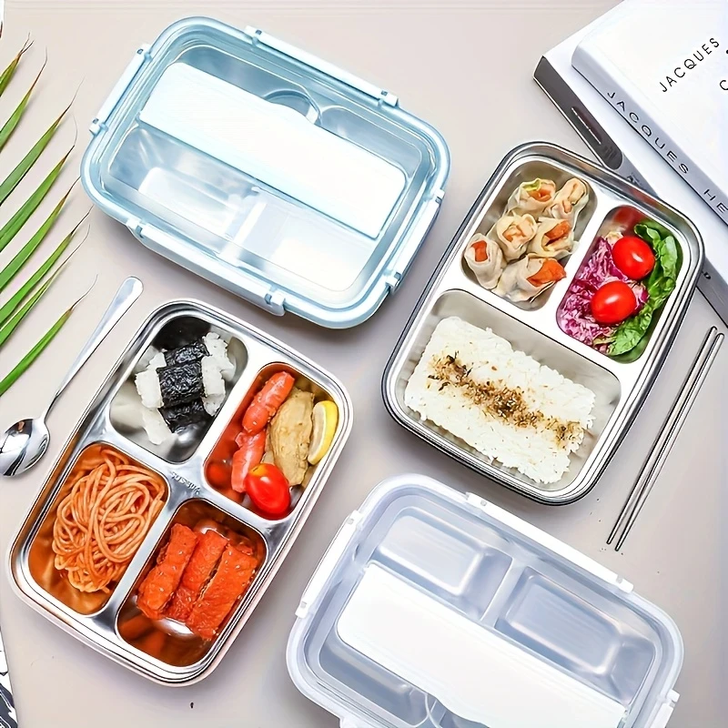 Leak-Proof Stainless Steel 3-Compartment Lunch Box  Durable, Easy-Clean Bento Container for Students & Office Workers, Microwave Safe