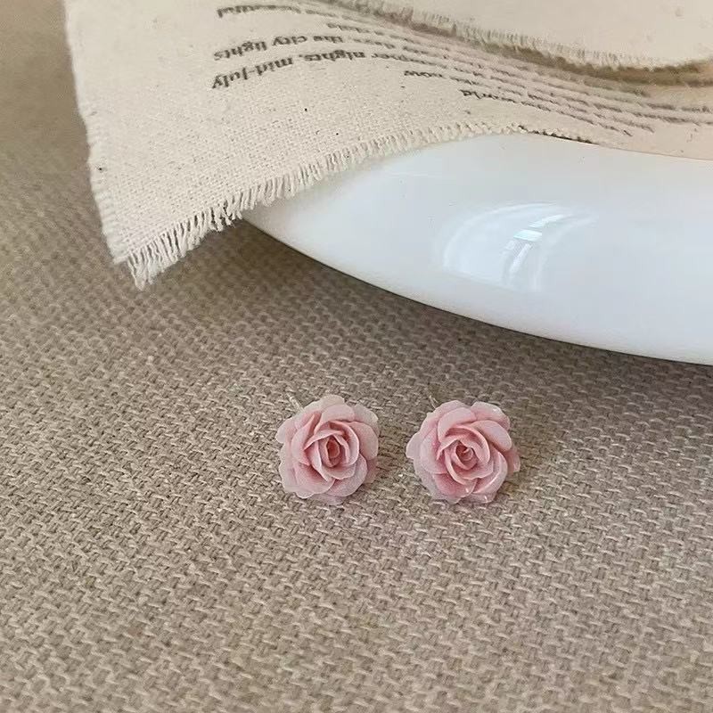 Pink Rose Stud Earrings For Women Sweet And Small Unique Personality