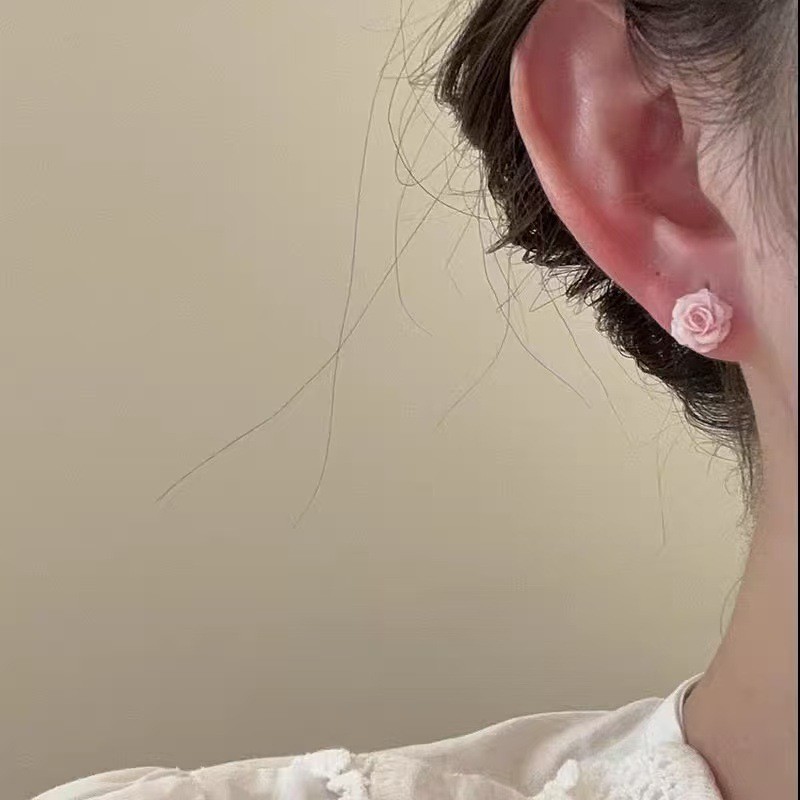Pink Rose Stud Earrings For Women Sweet And Small Unique Personality