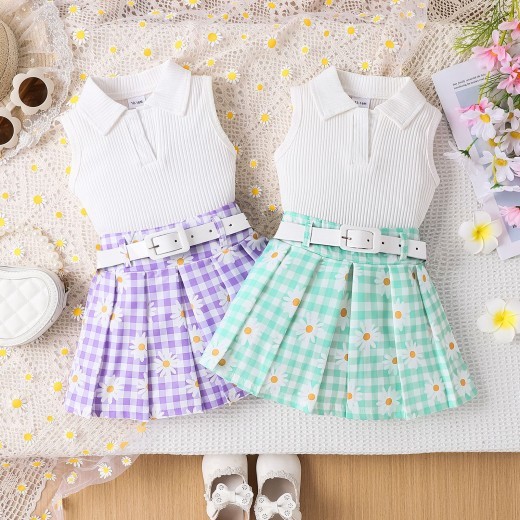 Girls' Suit Sleeveless Sunken Stripe Top With Daisy Plaid Skirt Belt Three-piece Suit