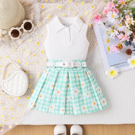 Girls' Suit Sleeveless Sunken Stripe Top With Daisy Plaid Skirt Belt Three-piece Suit