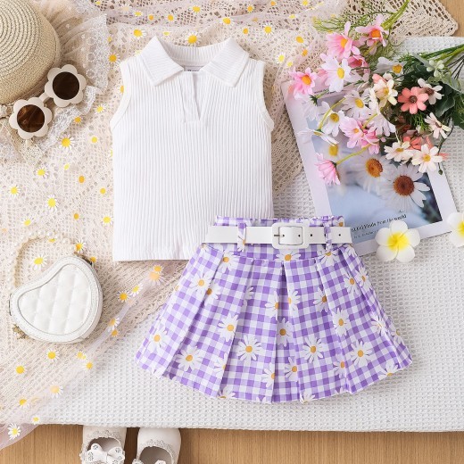 Girls' Suit Sleeveless Sunken Stripe Top With Daisy Plaid Skirt Belt Three-piece Suit