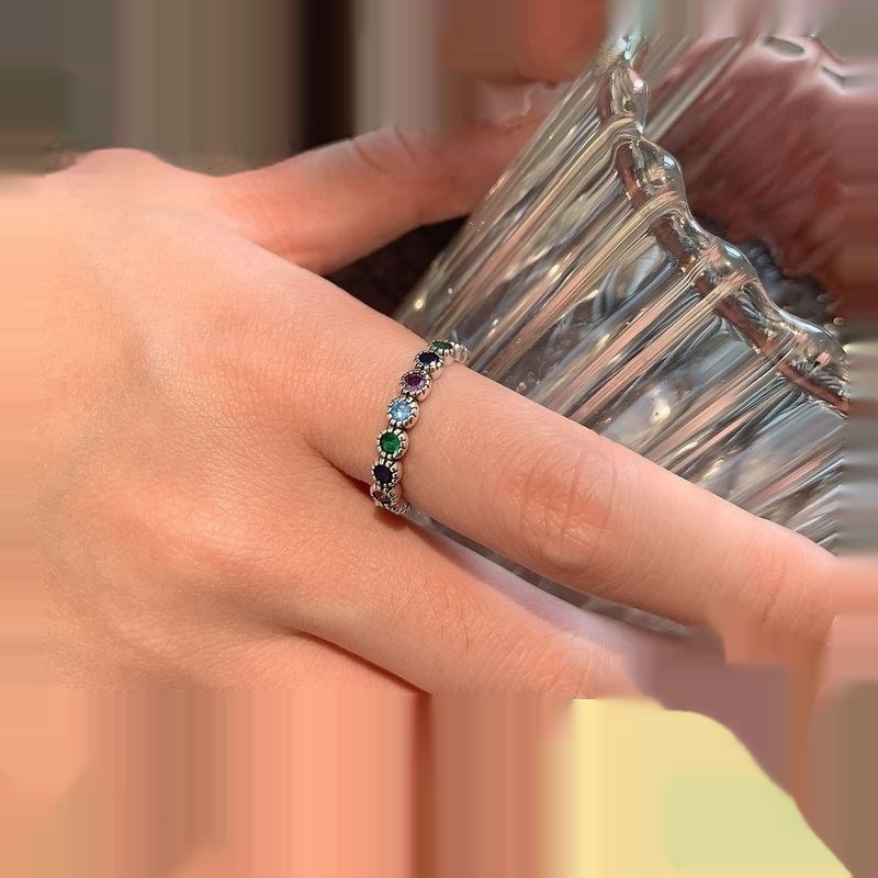 Colorful Round Zircon Ring Women's Retro Fashion
