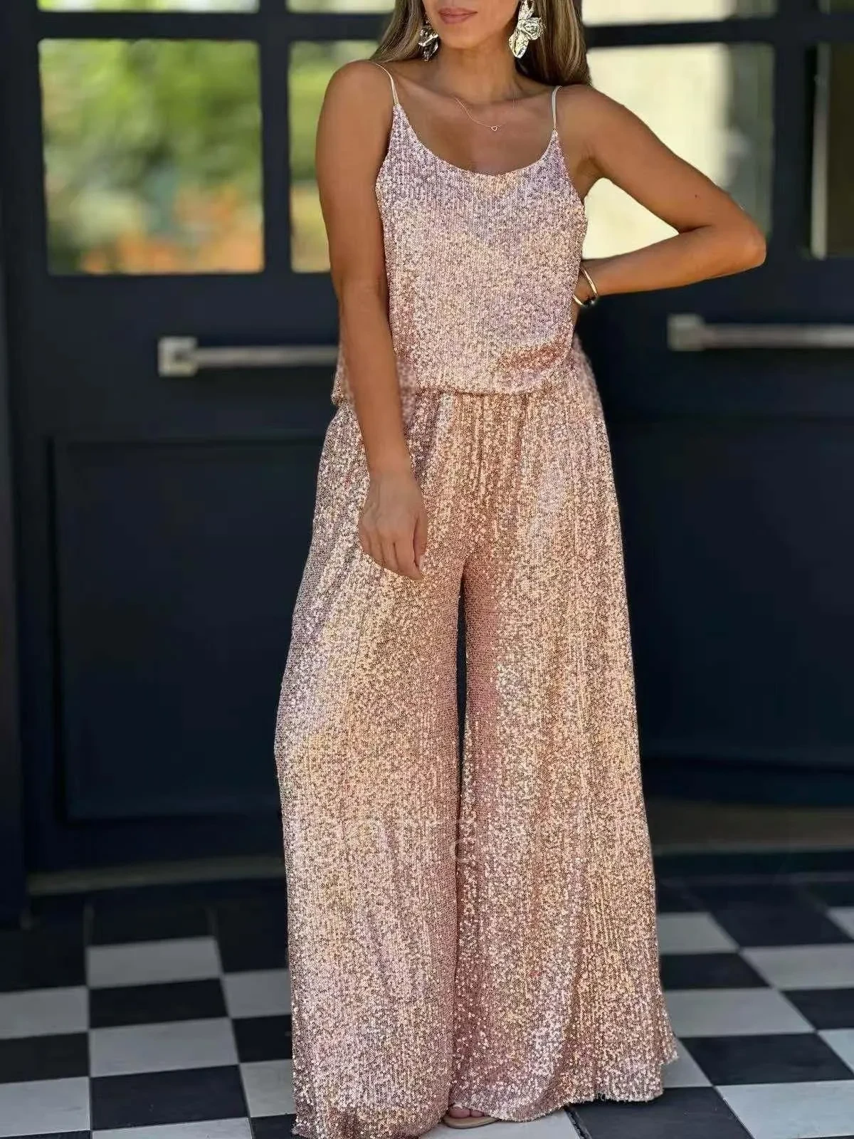 V-neck Sleeveless Loose Comfortable Sequined Suspender Pants Two-piece Suit