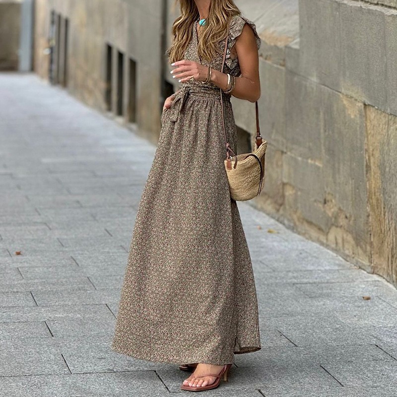 V-neck Ruffled Sleeve Mid-length Dress