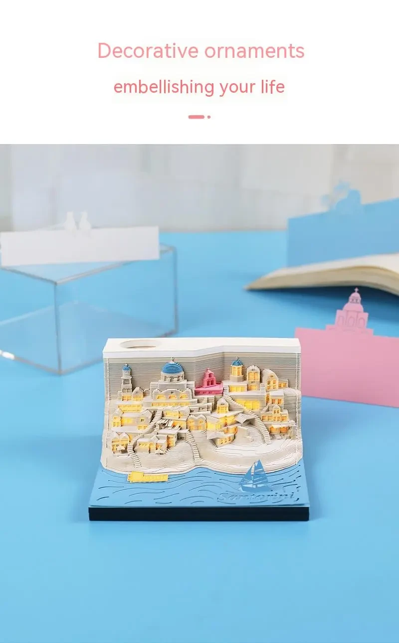 Romantic Santorini 3d Notepad Paper Carving Building Model Lighting Decoration