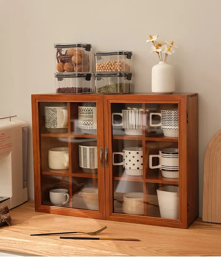 Solid Wood Vintage Desktop Cup Storage Cabinet Display Stand