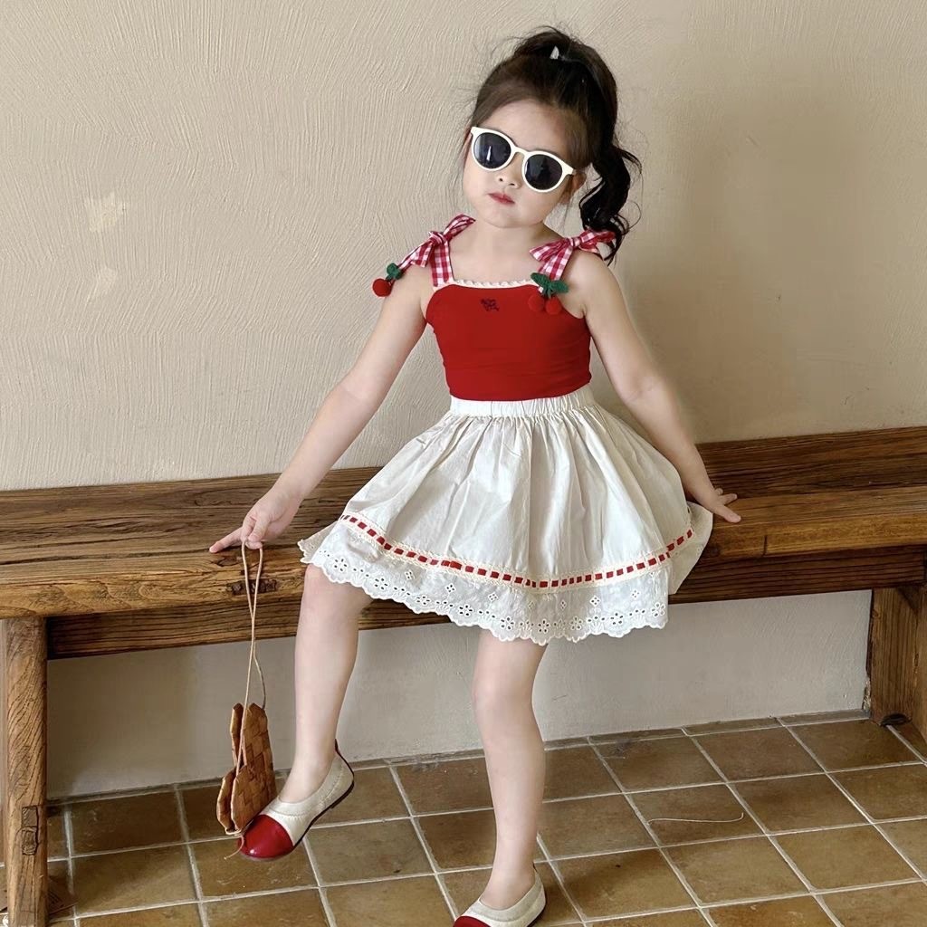 Girl's Strap Skirt Lace Two-piece Overskirt Suit