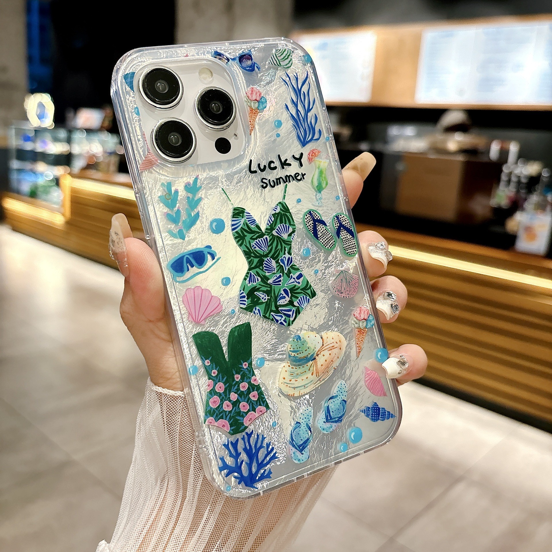 Tropical Style Painted Blue Plaid Bottom Phone Case