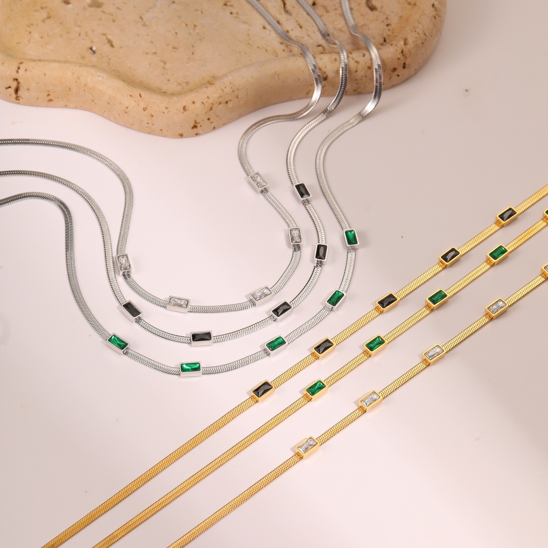 RETRO Geometric Square Zircon Necklace Stainless Steel Necklace Chain Like Flat Snake