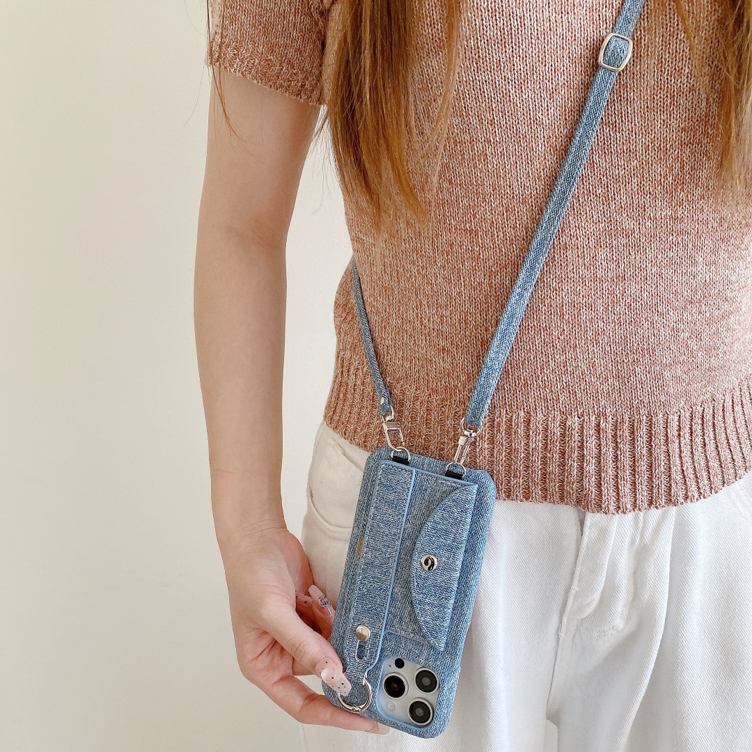 Leather Phone Case Iphone15 Denim Pattern Wrist Strap