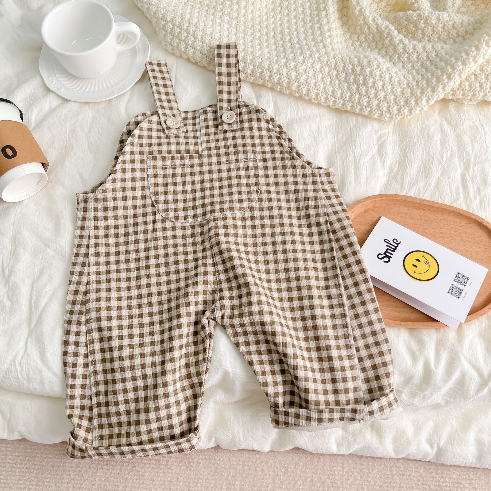 INS Pop Spring And Autumn Infant Simple Plaid Corduroy Overalls