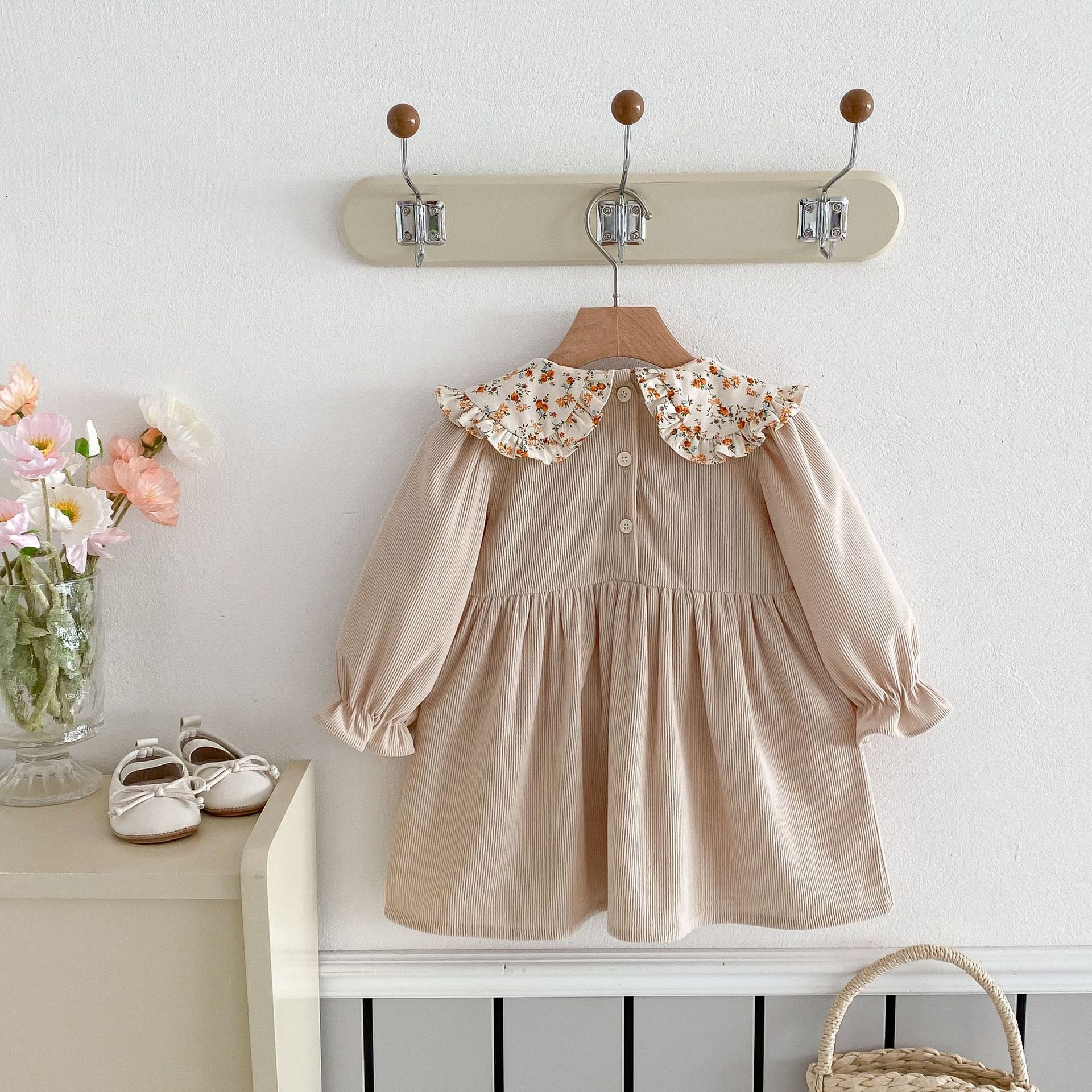 Girl's Doll Collar Flower Print Princess Dress