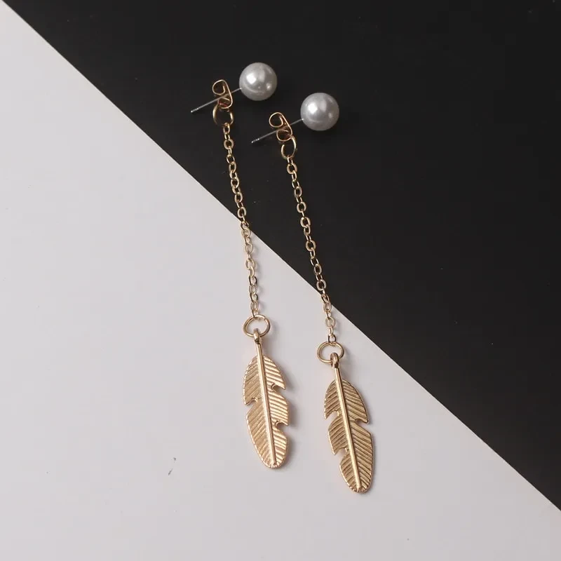 Personality Feather Leaf Pearl Tassel Long Earrings