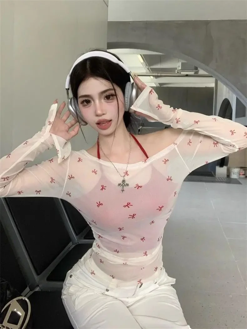 Ladies' Mesh Blouse Slim-fit Off-shoulder Top