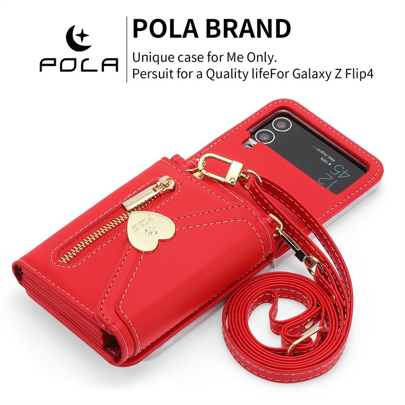 Folding Leather Case Metal Heart Large Capacity Zipper Phone Case