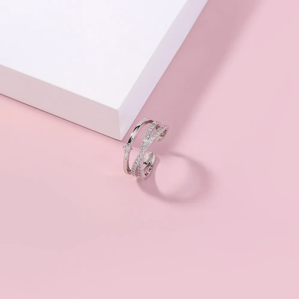 Opening adjustable copper inlaid zircon cross ring jewelry