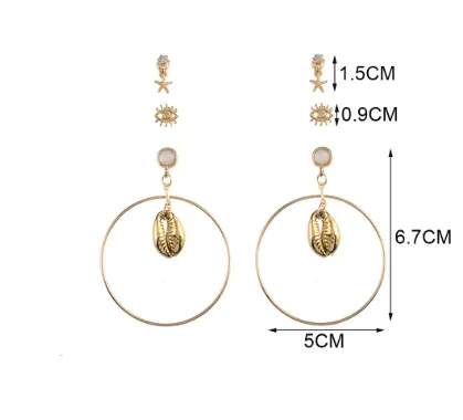 Ocean Starfish Big Circle Shell Earrings Beach Natural Eyes Gold Plated Bell Pendant 3 Pairs Set Stud Earrings