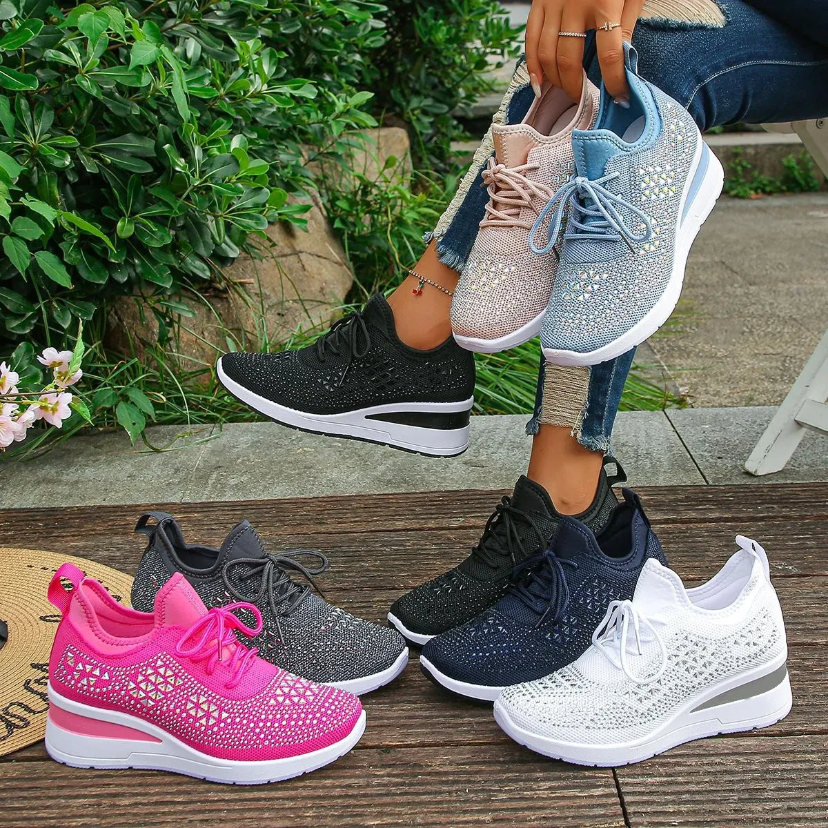 Ins Rhinestone Sneakers Fashion Lace Up Wedges Casual Shoes Women's Daily Commuting Sports Shoes