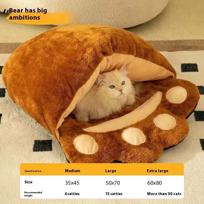 Winter Warm Cute Bear Paw Cat Bed Thickened House Semi-closed Cat Nest Large Space Washed Sleeping Bag Dog Pet Bed Pets Products
