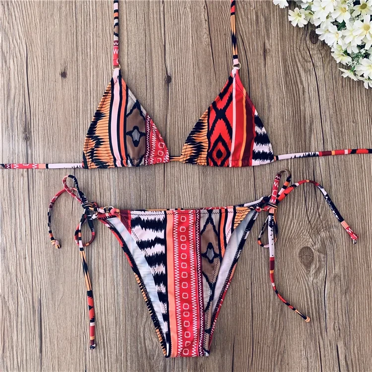 Fashion Printed Women's Backless Sexy Halter Bandage Strap Split Swimsuit Bikini Swimwear Two Piece Suits