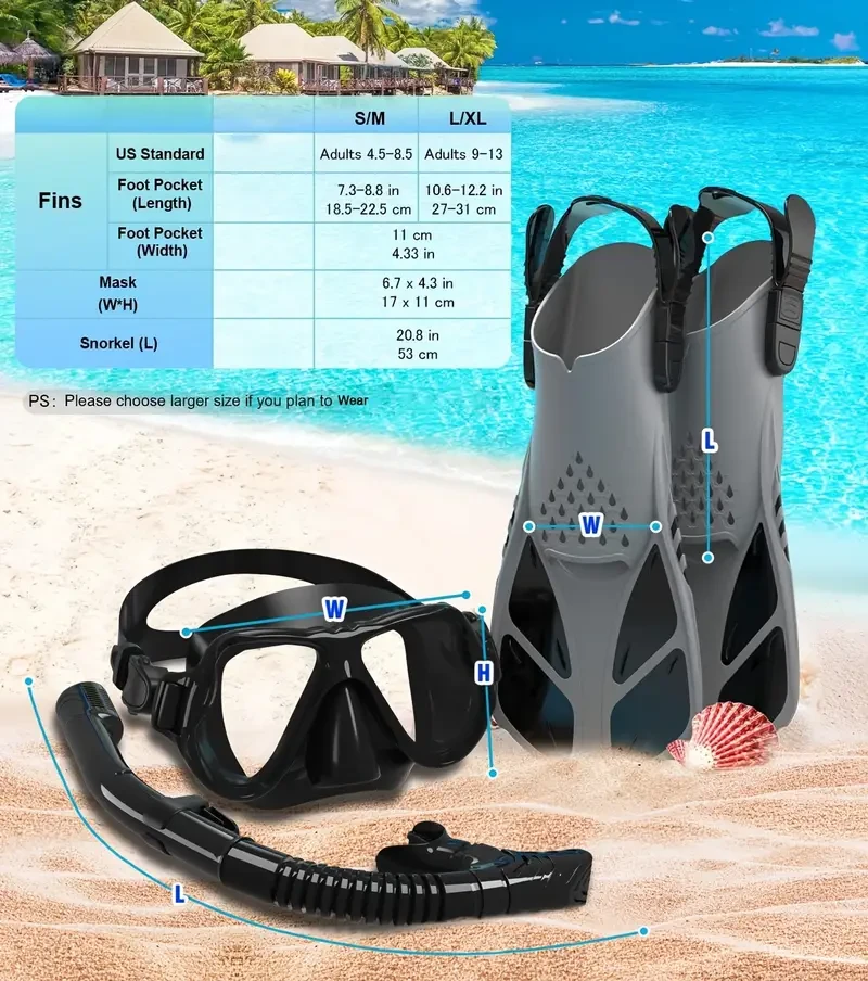 QINGSONG Snorkeling Mask, Fins, and Snorkel Set Perfect for Adult Snorkeling Adventures