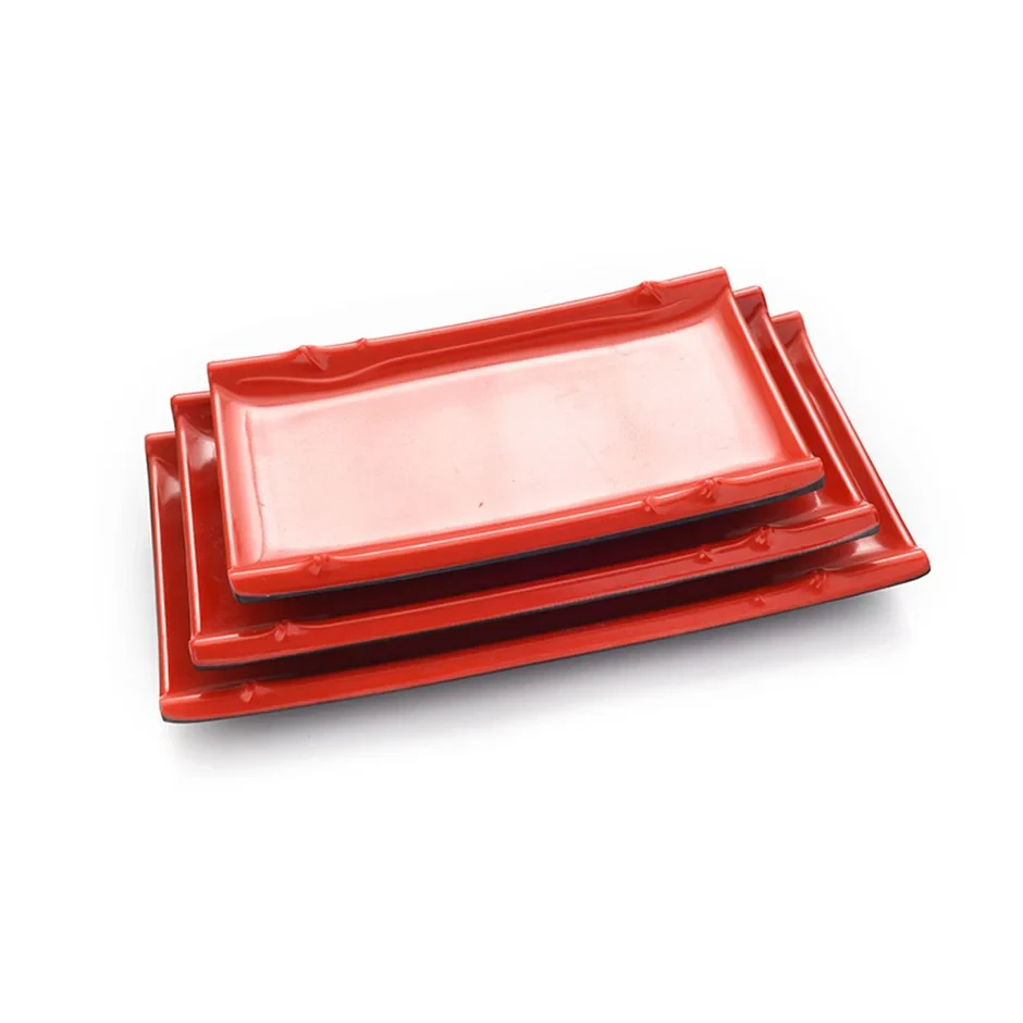 Melamine Rectangle Plate with Bamboo Edge Red/Black